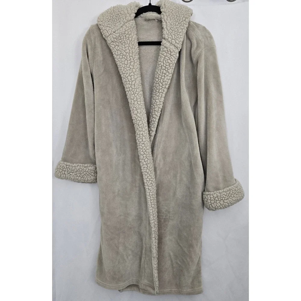 Pottery Barn S Plush Fleece Sherpa Lined Hooded Robe Gray MISSING BELT‎